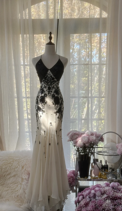 Elegant White Straps Mermaid Chiffon Beading Vintage Long Evening Party Dress, D944