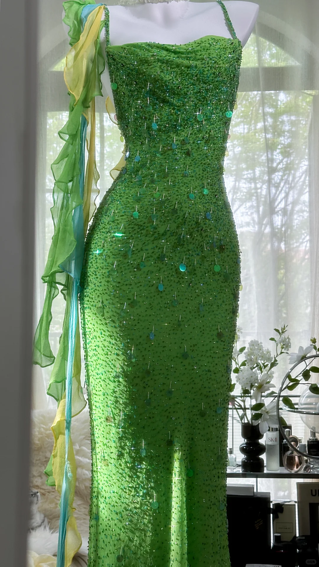 Vintage Shiny Sequin Green Spaghetti Strap Design A-line Romantic Chiffon Evening Dress Prom Dress D1505