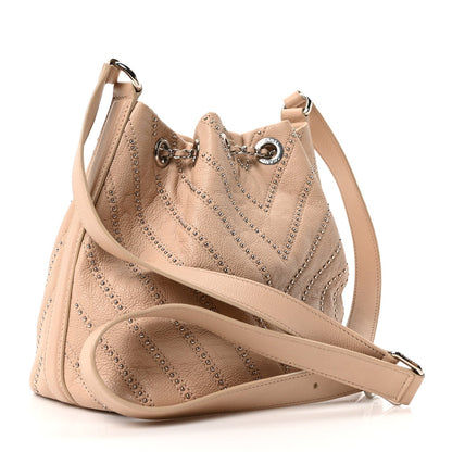 Metallic Calfskin Studded Chevron Quilted Small Stud Wars Drawstring Bag Beige