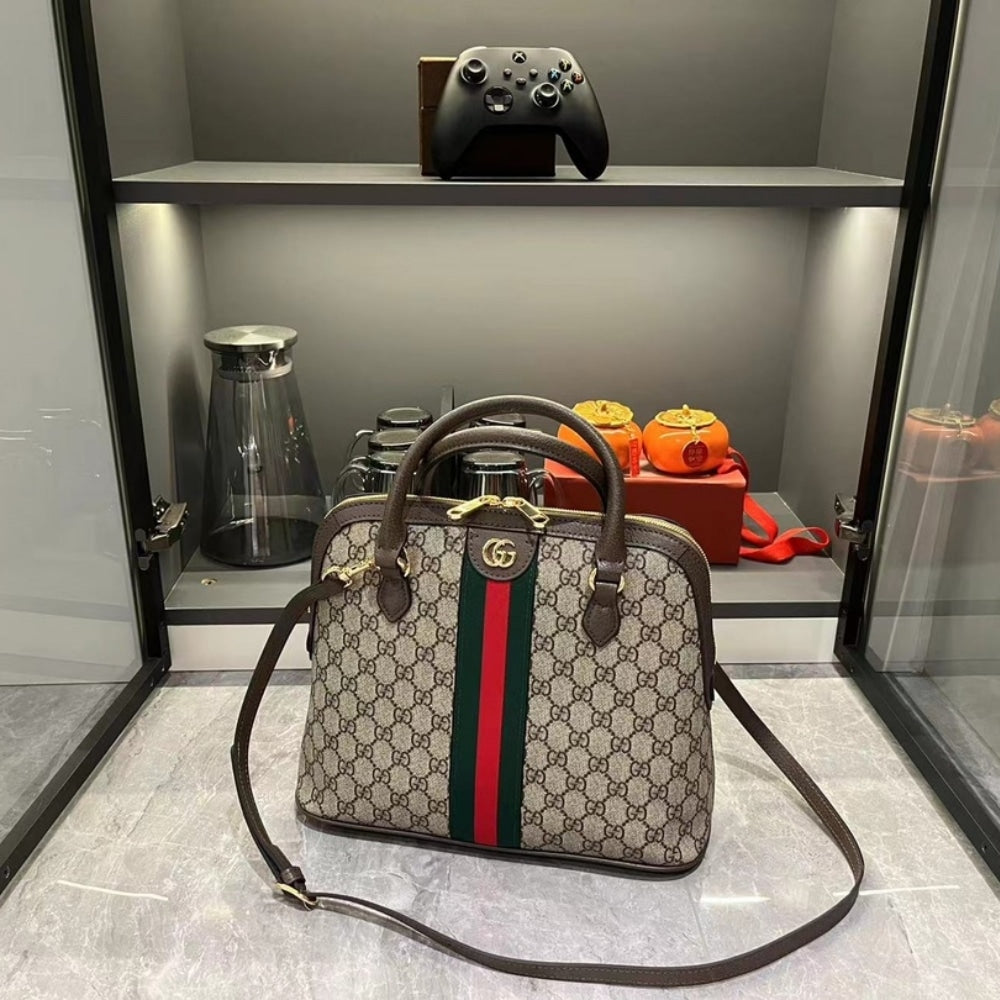 GUCCI OPHIDIA GG LOGO MEDIUM TOP HANDLE BAG BEIGE AND BROWN 34CM