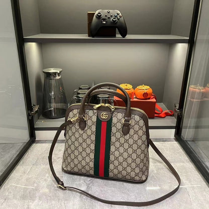 GUCCI OPHIDIA GG LOGO MEDIUM TOP HANDLE BAG BEIGE AND BROWN 34CM