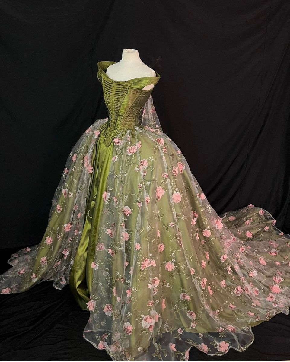 Green Off Shoulder A-Line Satin Lace Long Prom Dress Evening Ball Gown, D752
