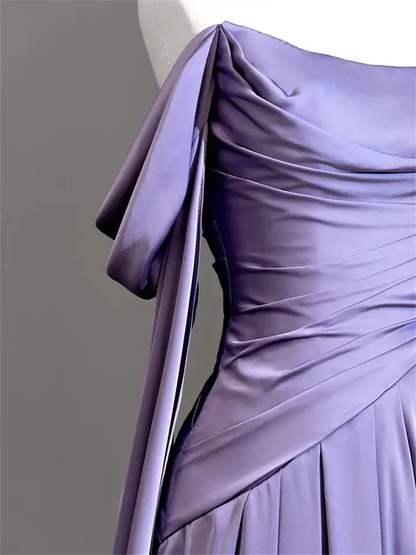 Elegant Purple Off Shoulder A-Line Satin Long Formal Party Dress MD7350