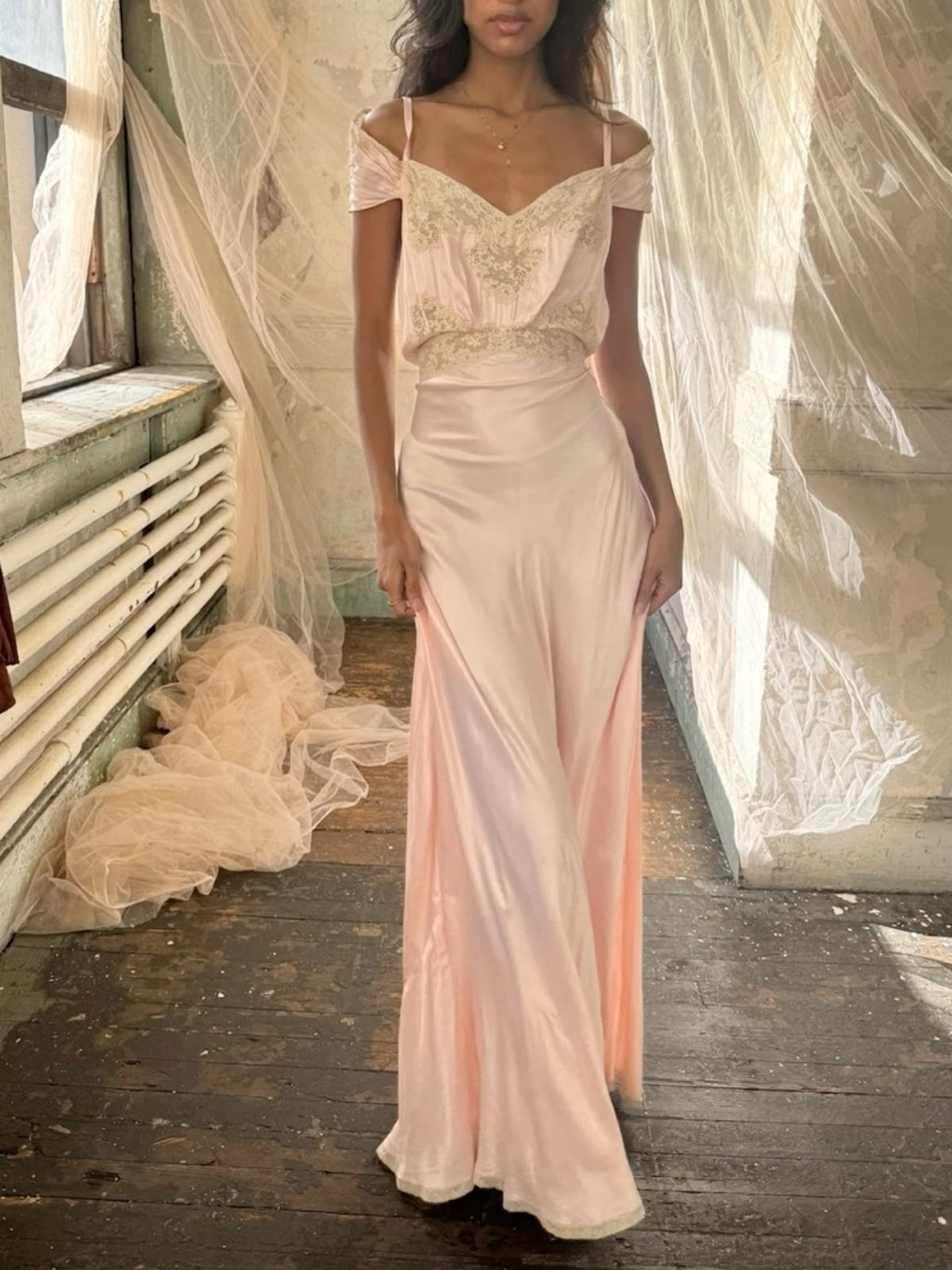 Light Pink Off Shoulder Straps A-Line Vintage Long Evening Party Dresses, D1170