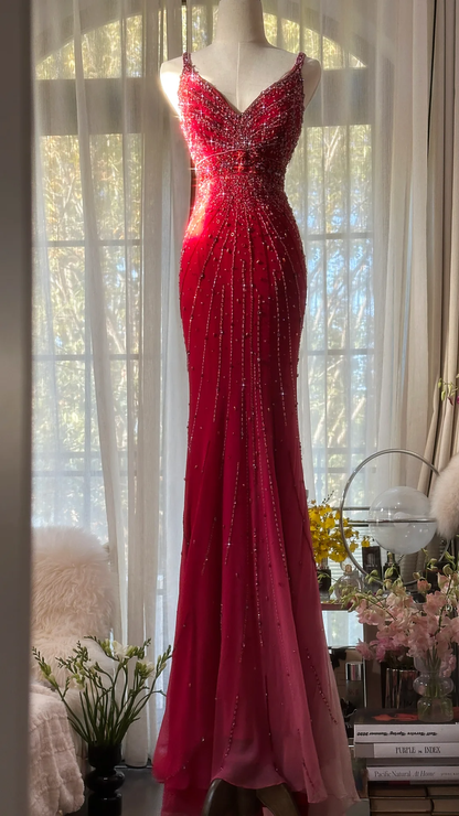 Stunning Red Straps Mermaid Chiffon Beading Vintage Long Evening Party Dress, D945