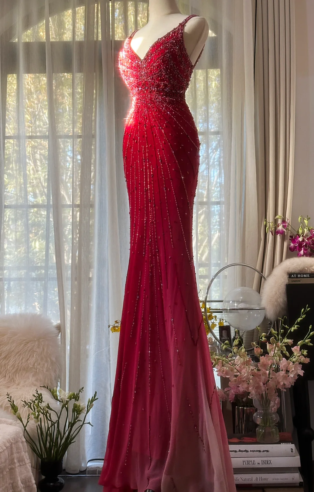 Stunning Red Straps Mermaid Chiffon Beading Vintage Long Evening Party Dress, D945