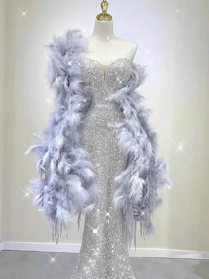 Stunning Silver Sweetheart Sequins Mermaid Long Formal Party Dress MD7400
