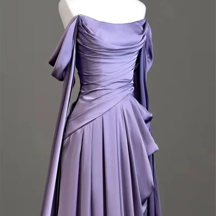 Elegant Purple Off Shoulder A-Line Satin Long Formal Party Dress MD7350