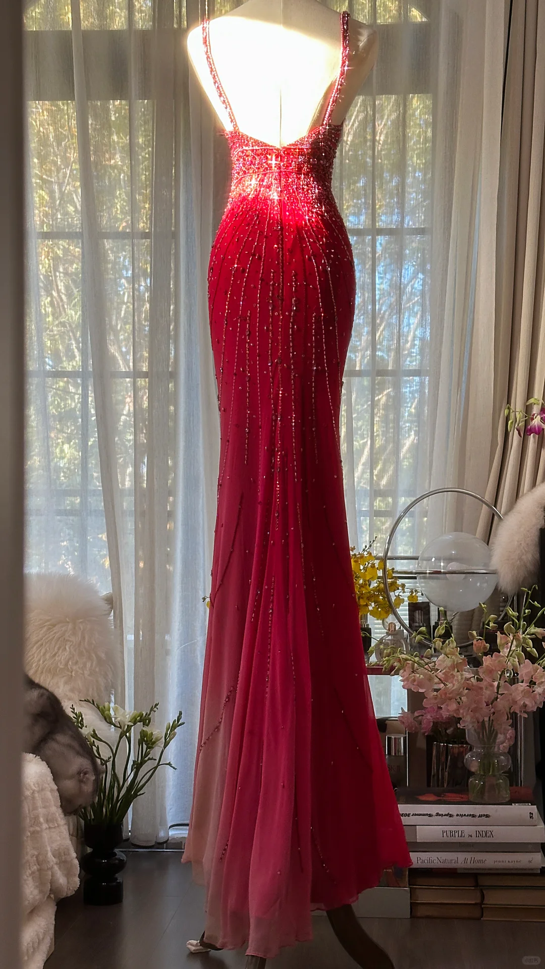 Stunning Red Straps Mermaid Chiffon Beading Vintage Long Evening Party Dress, D945