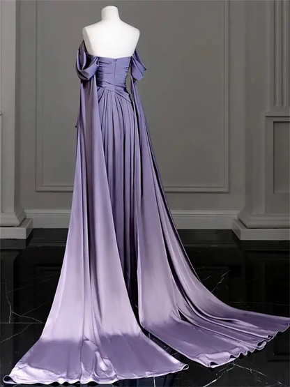 Elegant Purple Off Shoulder A-Line Satin Long Formal Party Dress MD7350