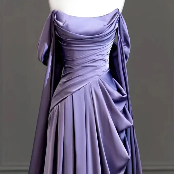 Elegant Purple Off Shoulder A-Line Satin Long Formal Party Dress MD7350