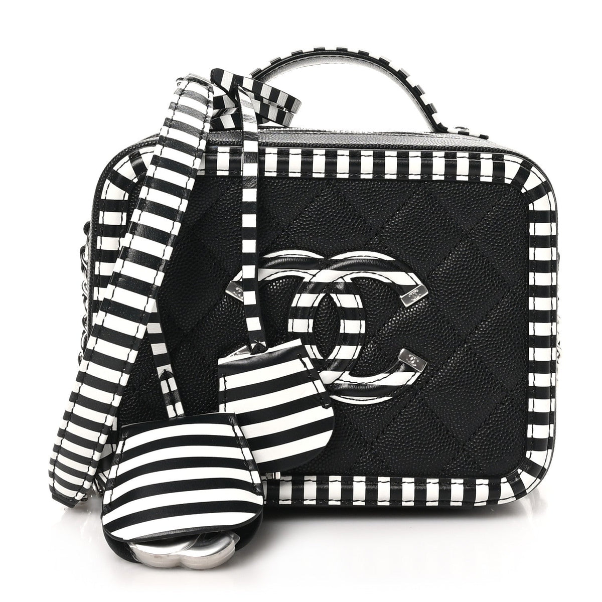 Caviar Quilted Striped Small CC Filigree Vanity Case Black White