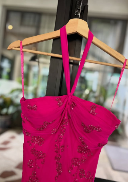 Vintage Charming Hot Pink Beaded Chiffon Long Prom Dress Party Dress SH4884