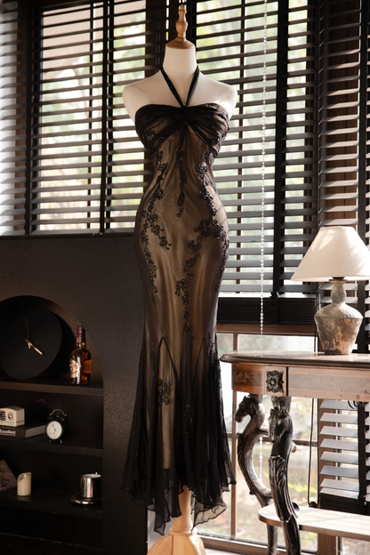 Vintage Halter Neck Mermaid Beading Long Party Dress Evening Gown, D946