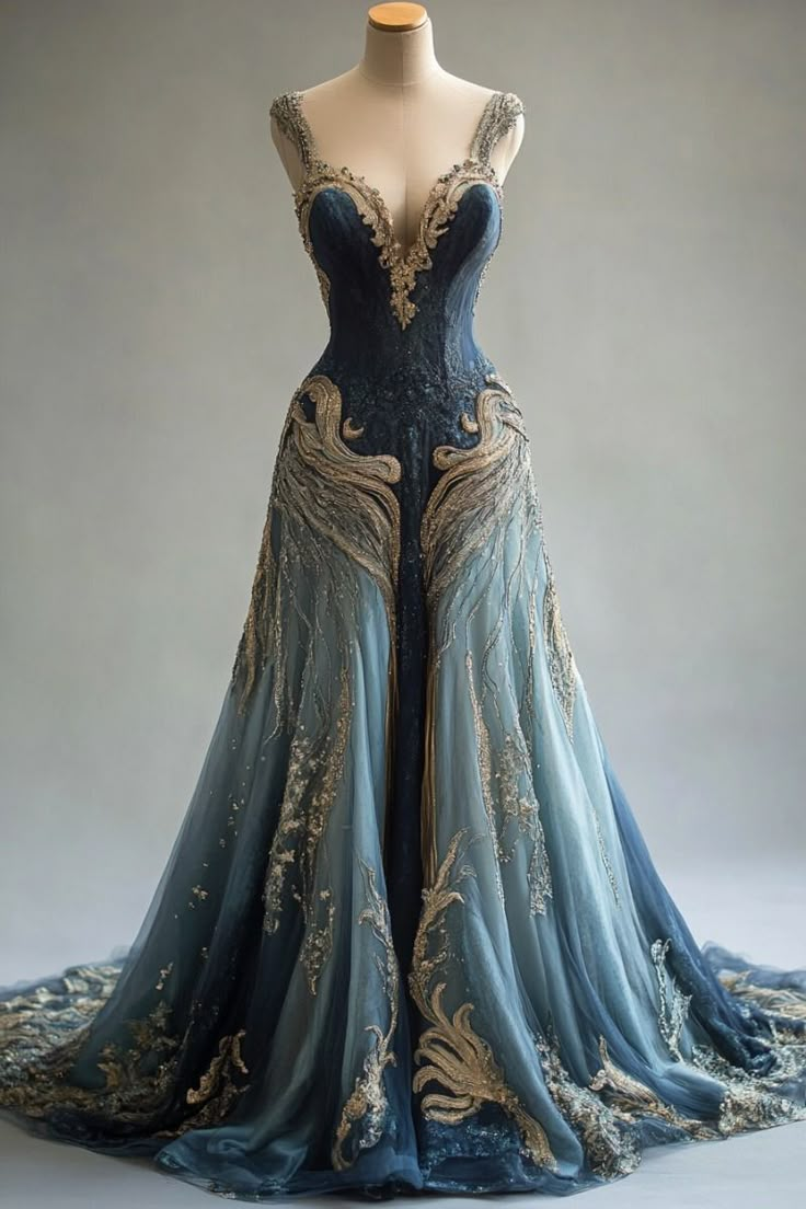 Navy Ombre Straps A-Line Beading Chiffon Long Prom Dress Evening Gown, D753