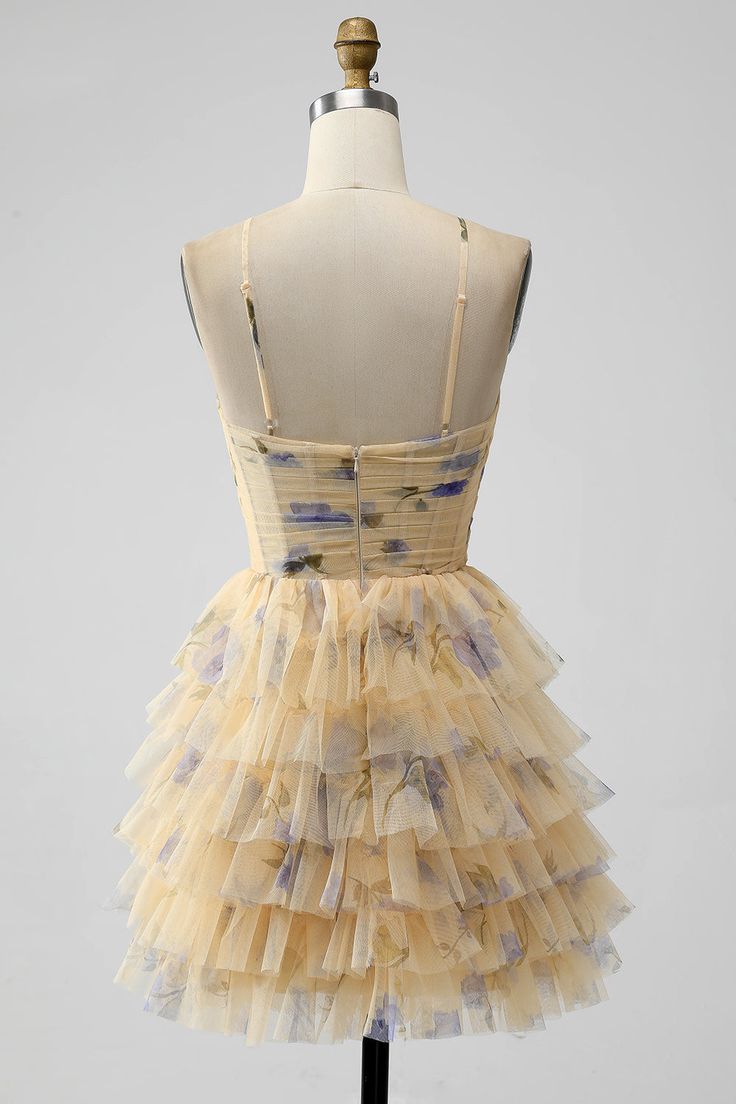 Vintage Yellow Floral Design A-line Spaghetti Strap Tiered Homecoming Dress, D1355