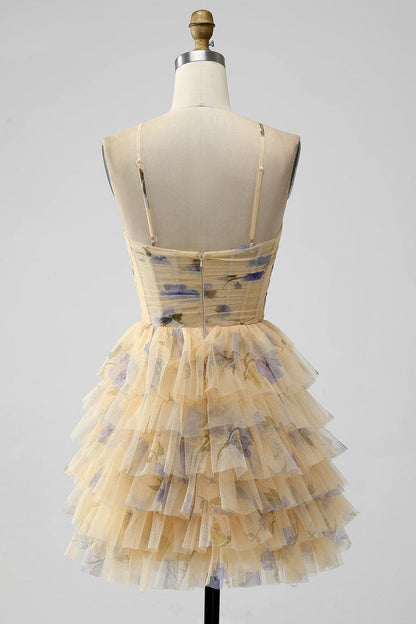 Vintage Yellow Floral Design A-line Spaghetti Strap Tiered Homecoming Dress, D1355