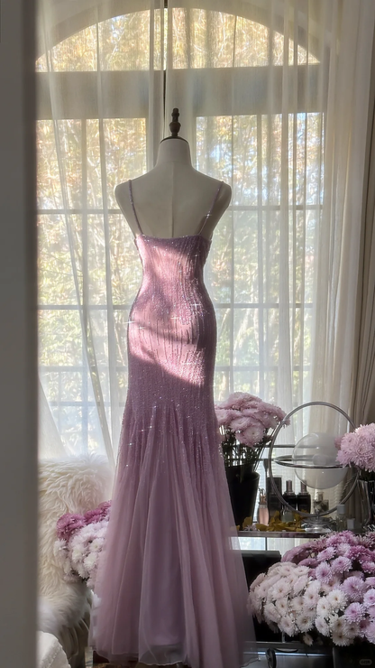 Lilac Spaghetti Straps Mermaid Beading Long Evening Dress Vintage Party Dress, D947