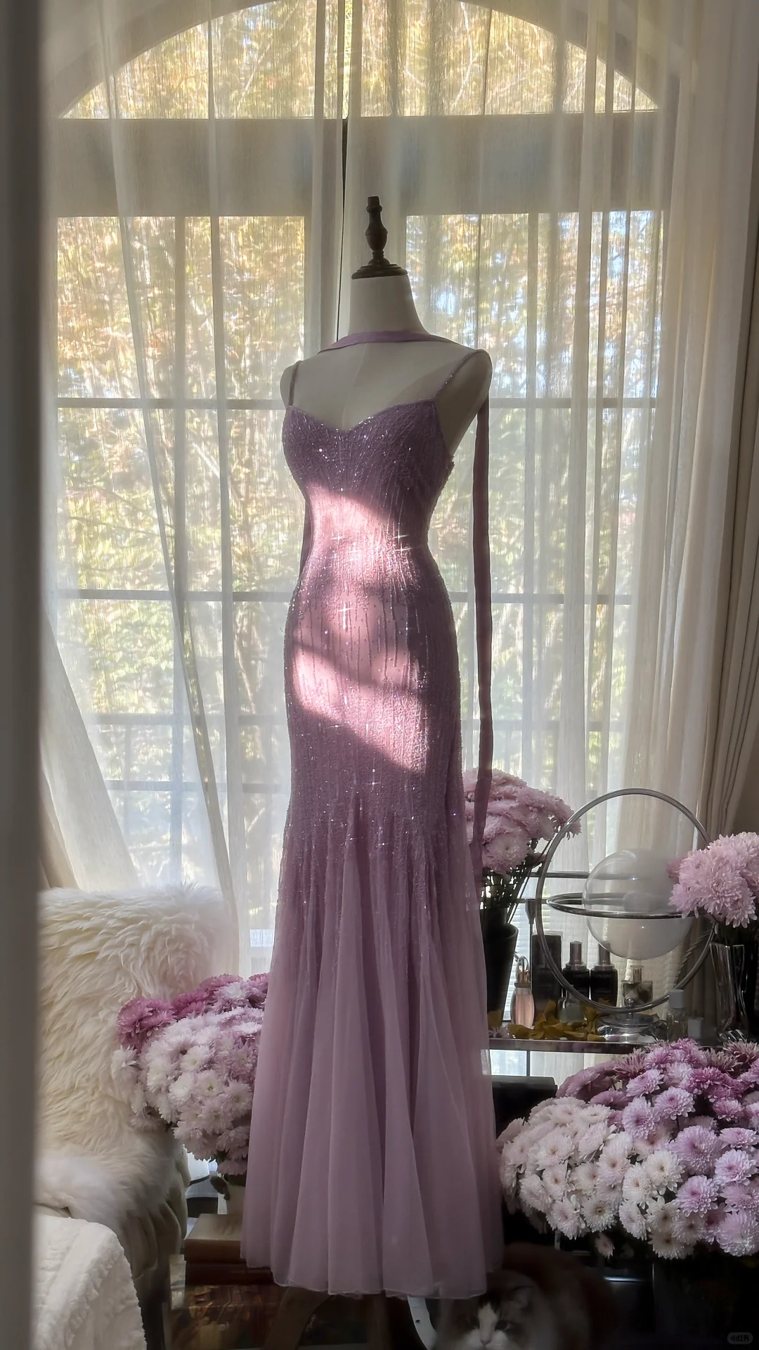 Lilac Spaghetti Straps Mermaid Beading Long Evening Dress Vintage Party Dress, D947