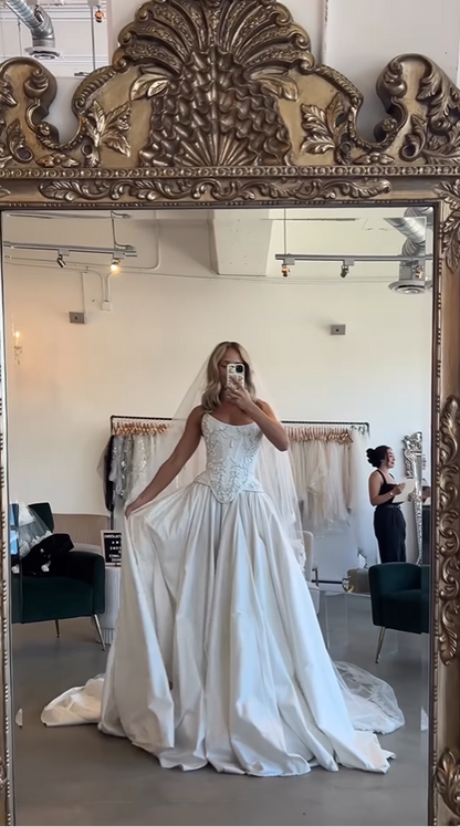 Elegant White Strapless A-Line Satin Appliques Wedding Dress Bridal Dress, D984