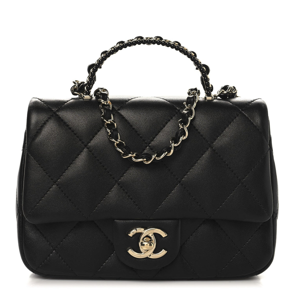 Lambskin Quilted Resin Pearl Chain Top Handle Flap Black