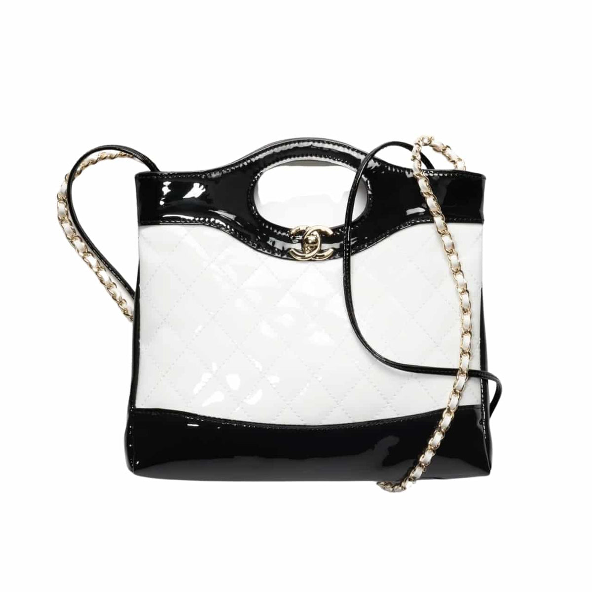 CHANEL 31 MINI SHOPPING BAG PATENT GOLD TONE METAL 23CM
