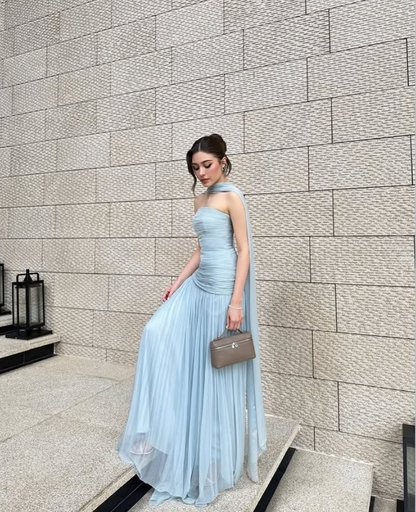Light Blue Strapless A-Line Long Party Dresses Wedding Guest Dresses, D1173