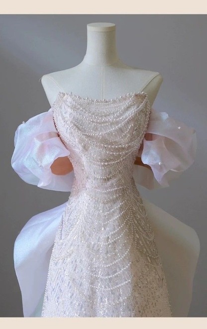 Light Pink Off Shoulder A-Line Sequins Pearls Long Formal Party Dress MD7407
