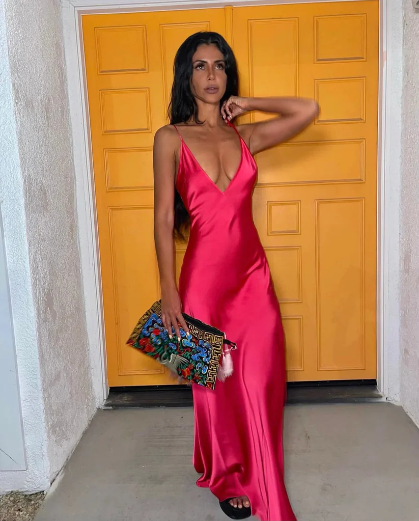 Hot Pink V Neck Straps Satin Sheath Long Party Dress MD7298