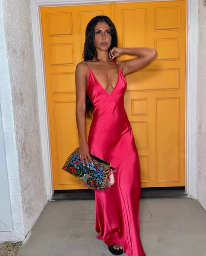 Hot Pink V Neck Straps Satin Sheath Long Party Dress MD7298