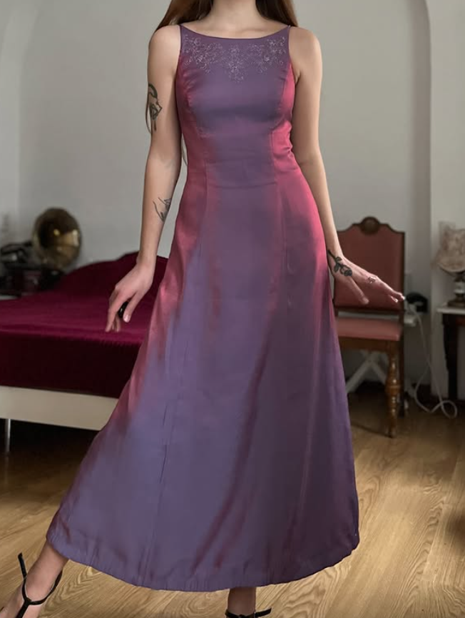 Vintage A Line Exquisite Beaded Purple Satin Prom Dress Evening Dress Date Dress SH5634