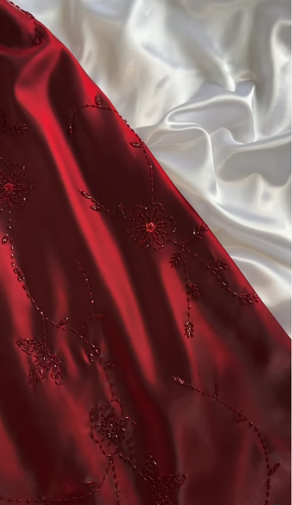 Vintage A Line Straps Beaded Gloss Burgundy Satin Long Prom Dress SH5455
