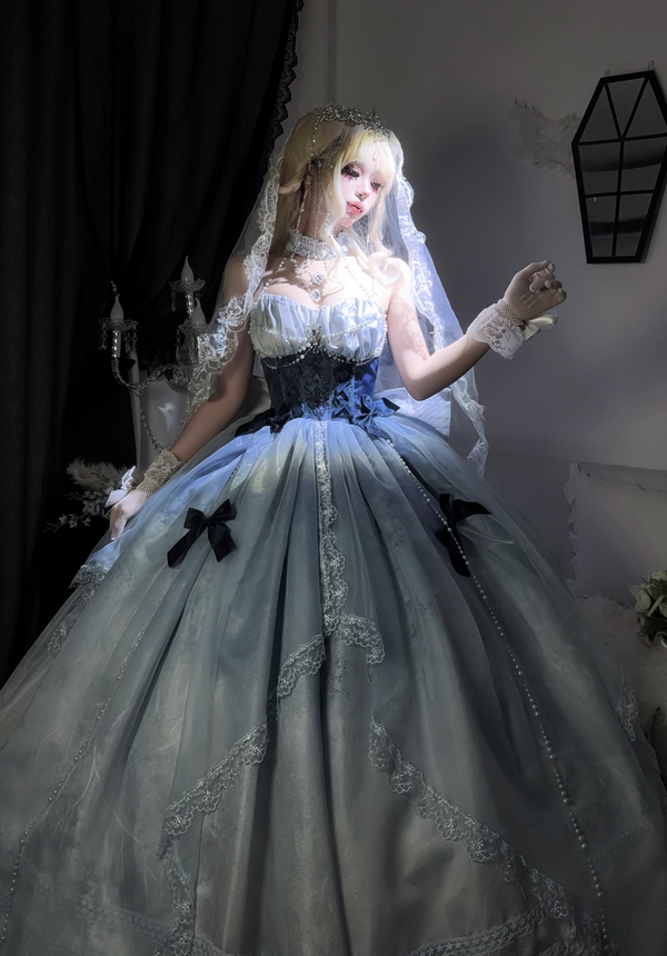 Stunning Blue Bow A Line Lace Tulle Lolita Goth Boning Dress Prom Dress SH4911