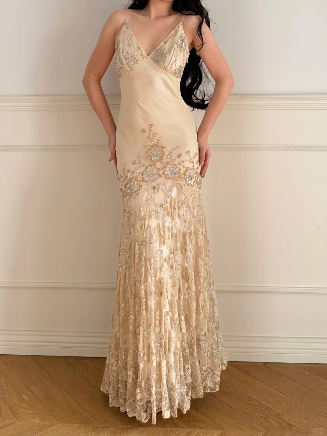 Vintage Apricot Mermaid Straps Beaded Lace Satin Long Prom Dress Wedding Guest Dress SH5505