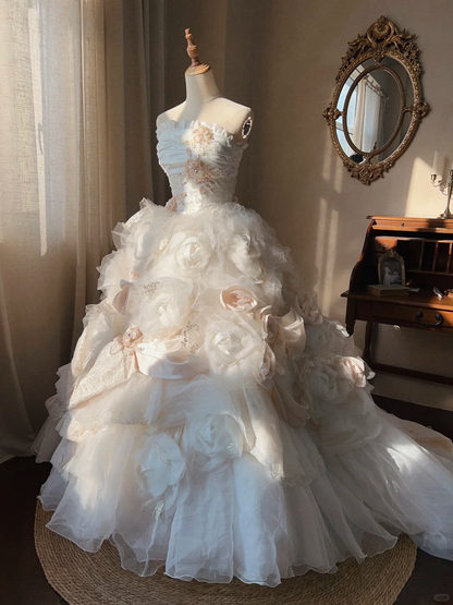 Stunning Retro Ball Gown Strapless Light Pink Rose Layered Organza Wedding Dress Prom Dress SH5890