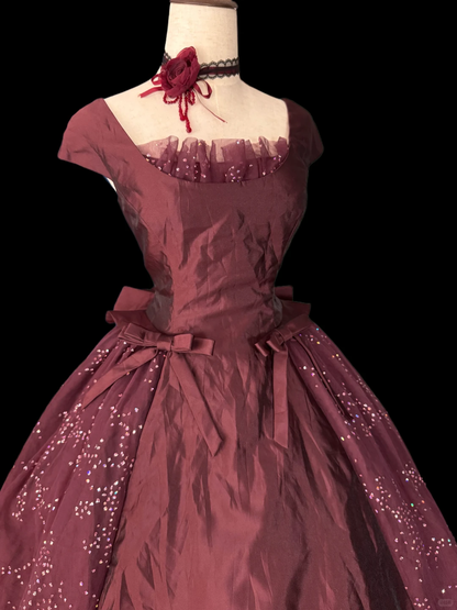 Vintage Burgundy A Line Sequin Satin Tulle Prom Dress Evening Dress SH5603