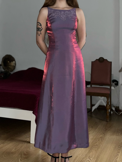 Vintage A Line Exquisite Beaded Purple Satin Prom Dress Evening Dress Date Dress SH5634