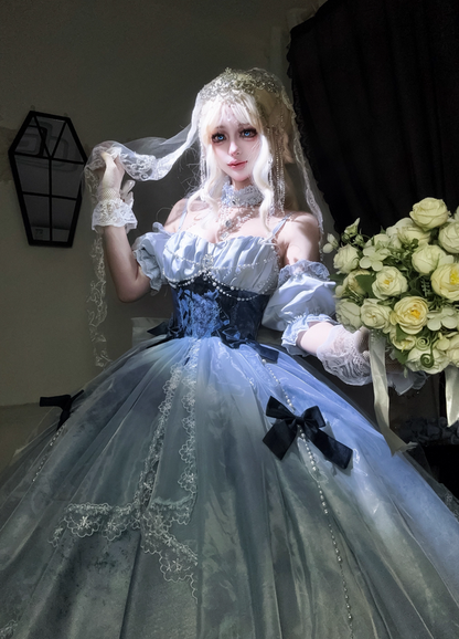 Stunning Blue Bow A Line Lace Tulle Lolita Goth Boning Dress Prom Dress SH4911