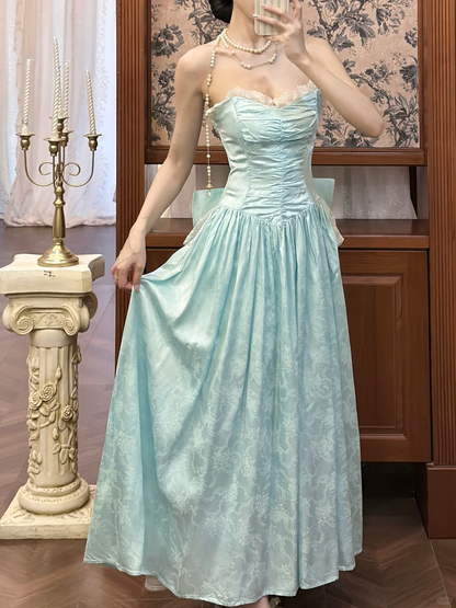 Vintage Blue A Line Straps Print Floral Satin Long Prom Dress with Bow SH5175