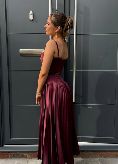 Stunning A Line Spaghetti Strap Pleated Dark Burgundy Satin Long Party Dress SH2921