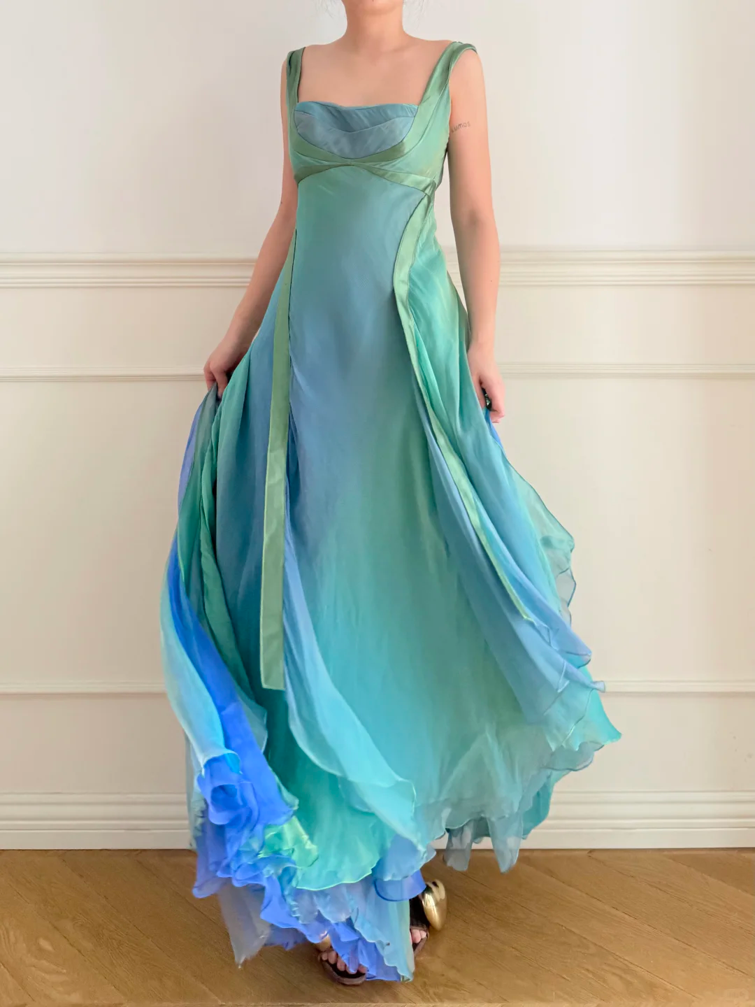 Vintage Dreamy A Line Blue Green Ombre Chiffon Prom Dress Wedding Guest Dress SH5438