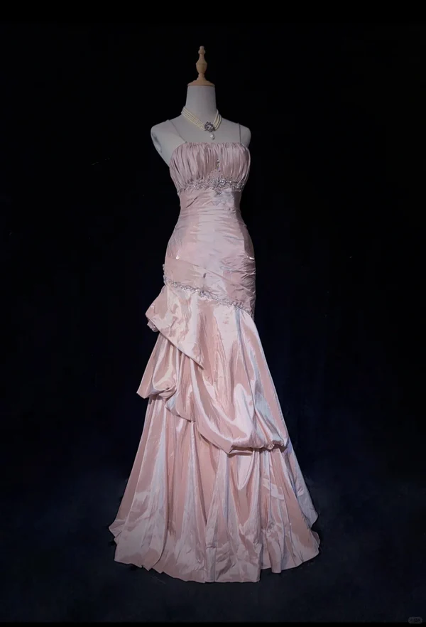 Light Pink Prom Dress Spaghetti Straps Mermaid Beading Vintage Long Party Dress Birthday Outfits, D899