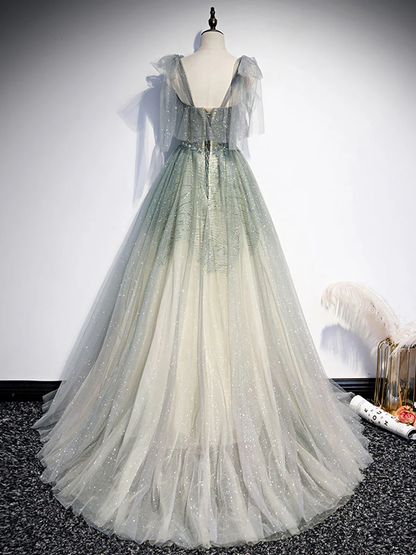 Gray Green Tulle A-Line Sequin Beads Long Prom Dress Evening Dress  MD7233