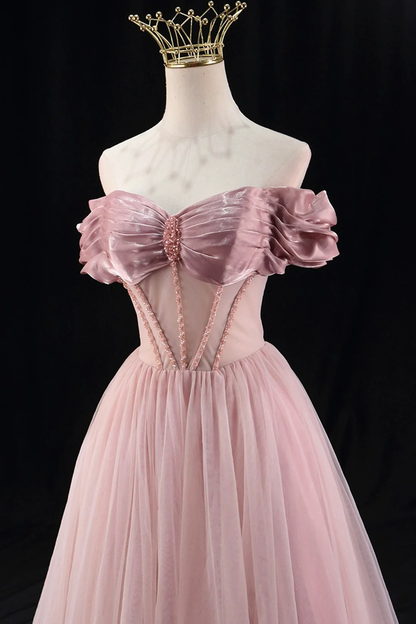 Lovely A-Line Off the Shoulder Tulle Prom Dress Evening Party Dress MD7195