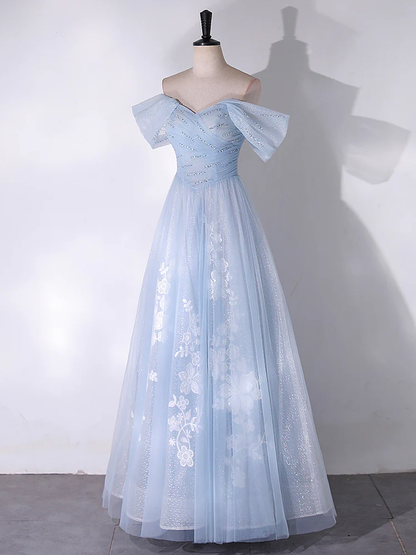 A-Line Off Shoulder Tulle Lace Blue Long Prom Dress, Blue Long Formal Dress  MD7231