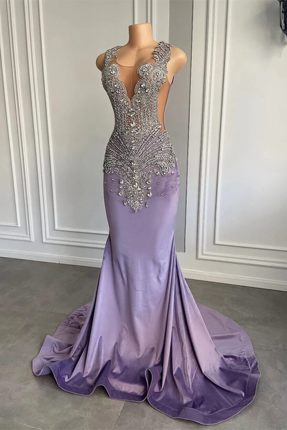 Lilac Sleeveless Mermaid Long Prom Dress with Crystal Beadings MD7253