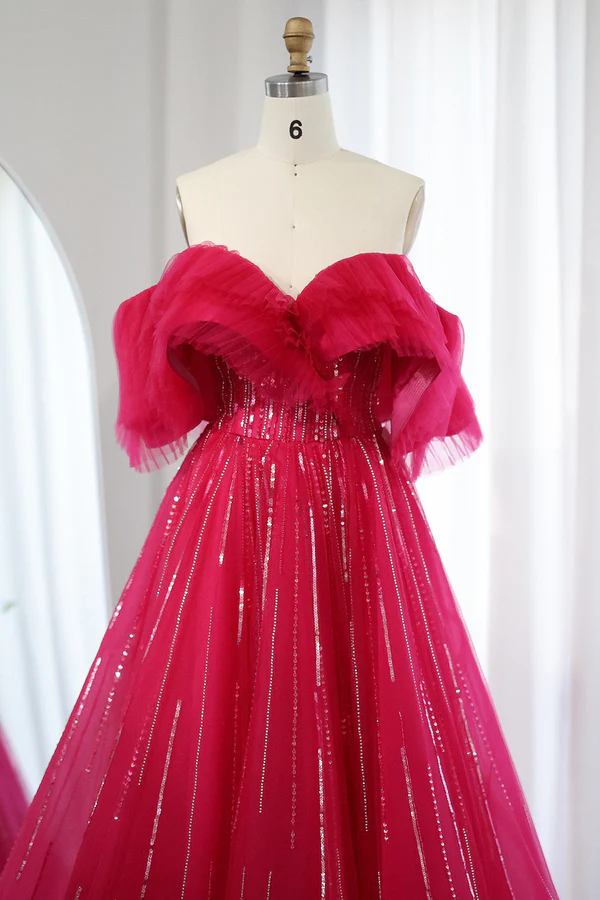 Hot Pink Off Shoulder Long Prom Dress, A Line Party Dresses With Sequin MD7222