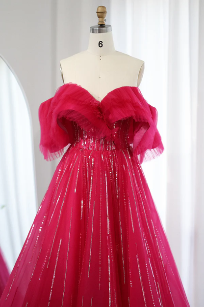 Hot Pink Off Shoulder Long Prom Dress, A Line Party Dresses With Sequin MD7222