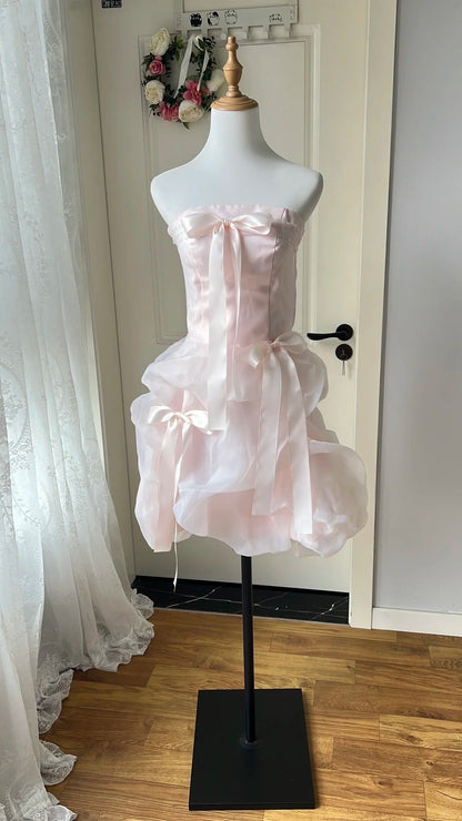 Sweet Homecoming Dress Strapless Tulle Bowknot Back to School Outfits Party Dress  D6461