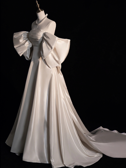 Elegant White Off Shoulder A-Line Satin Wedding Dress Birthday Gown MD7607